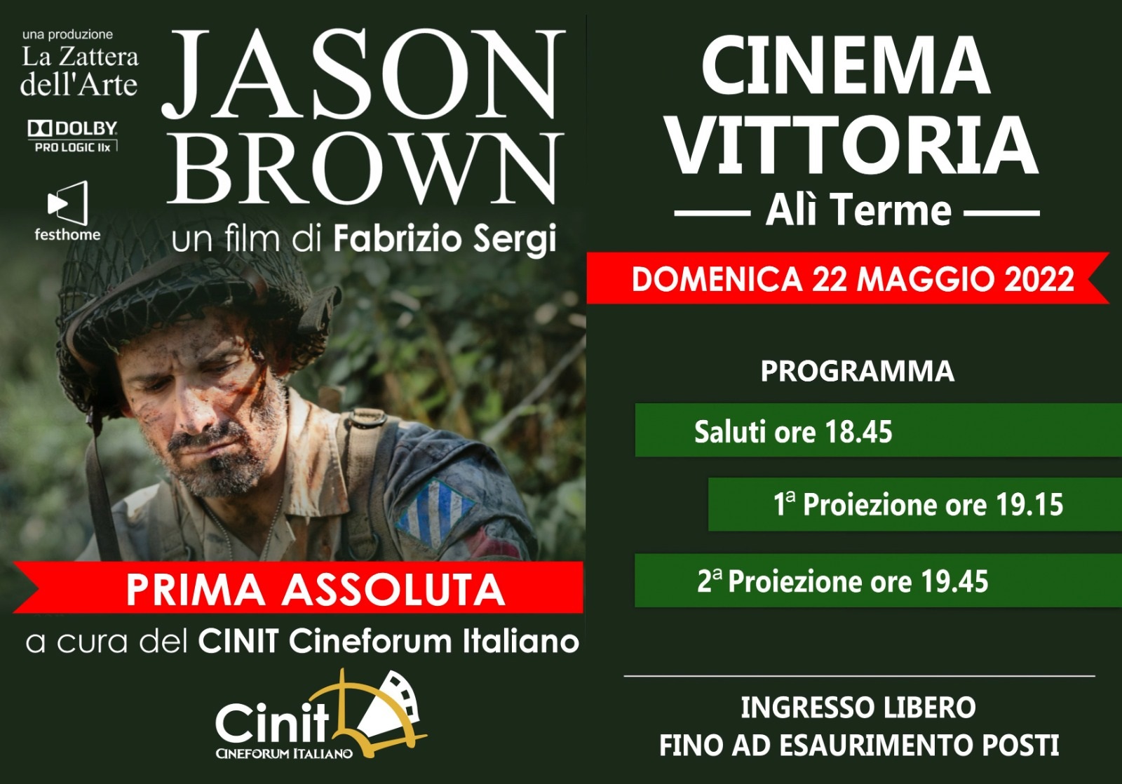 Domenica 22 maggio al CineVittoria di Alì Terme prima del corto “Jason Brown” di Fabrizio Sergi